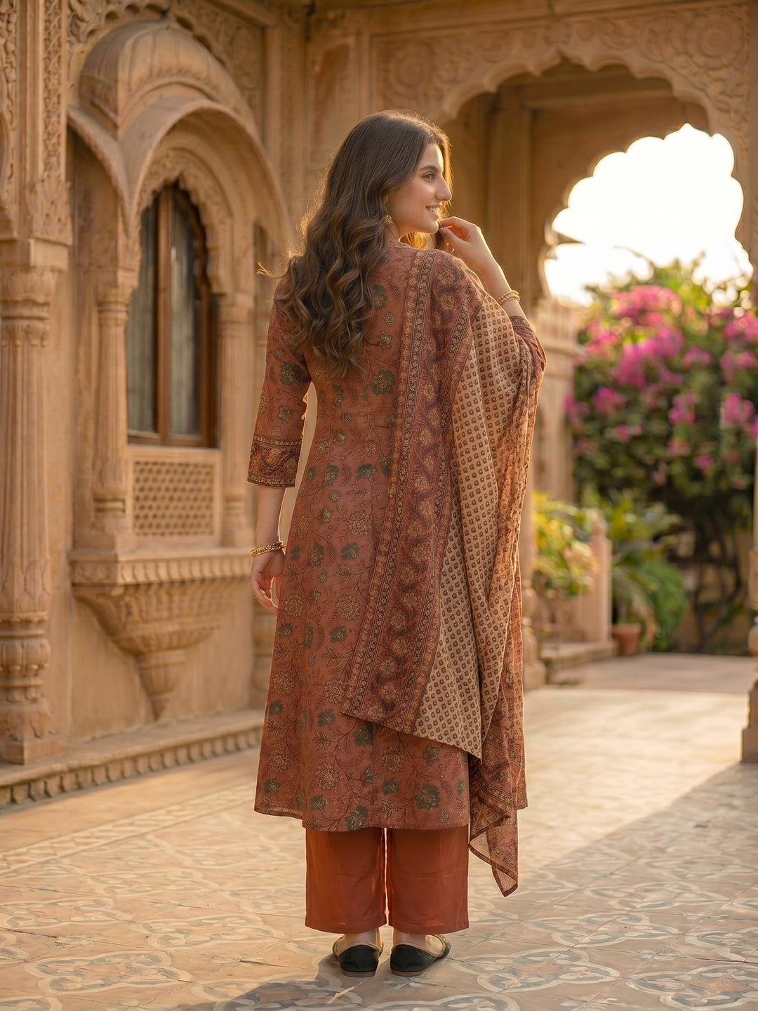 Rose Gold Floral Printed Embroidered Anarkali with Pant & Dupatta