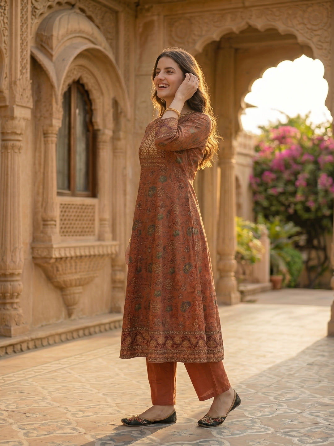 Rose Gold Floral Printed Embroidered Anarkali with Pant & Dupatta