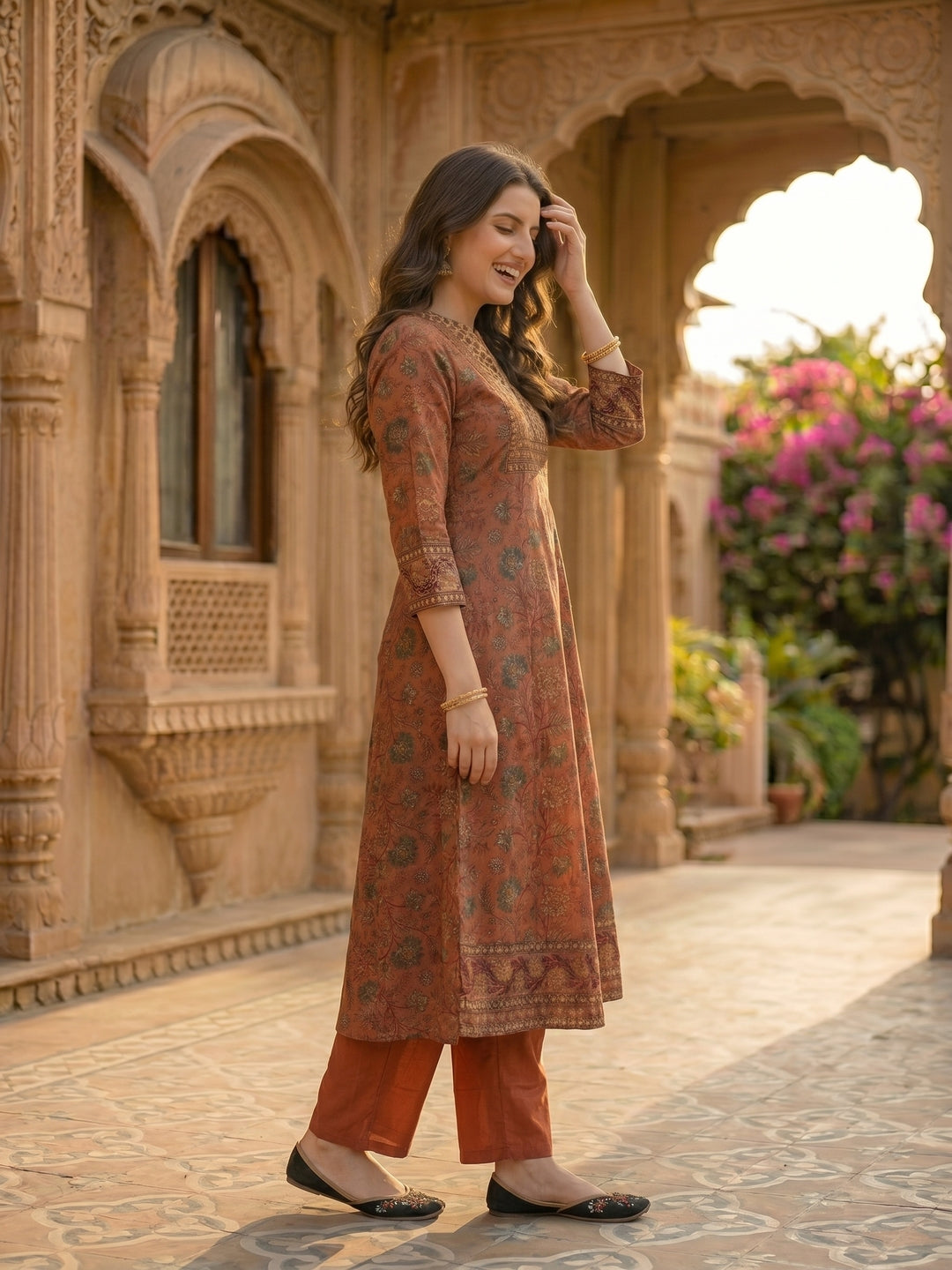 Rose Gold Floral Printed Embroidered Anarkali with Pant & Dupatta