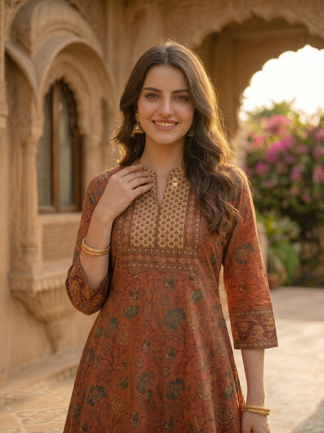 Rose Gold Floral Printed Embroidered Anarkali with Pant & Dupatta