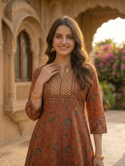 Rose Gold Floral Printed Embroidered Anarkali with Pant & Dupatta