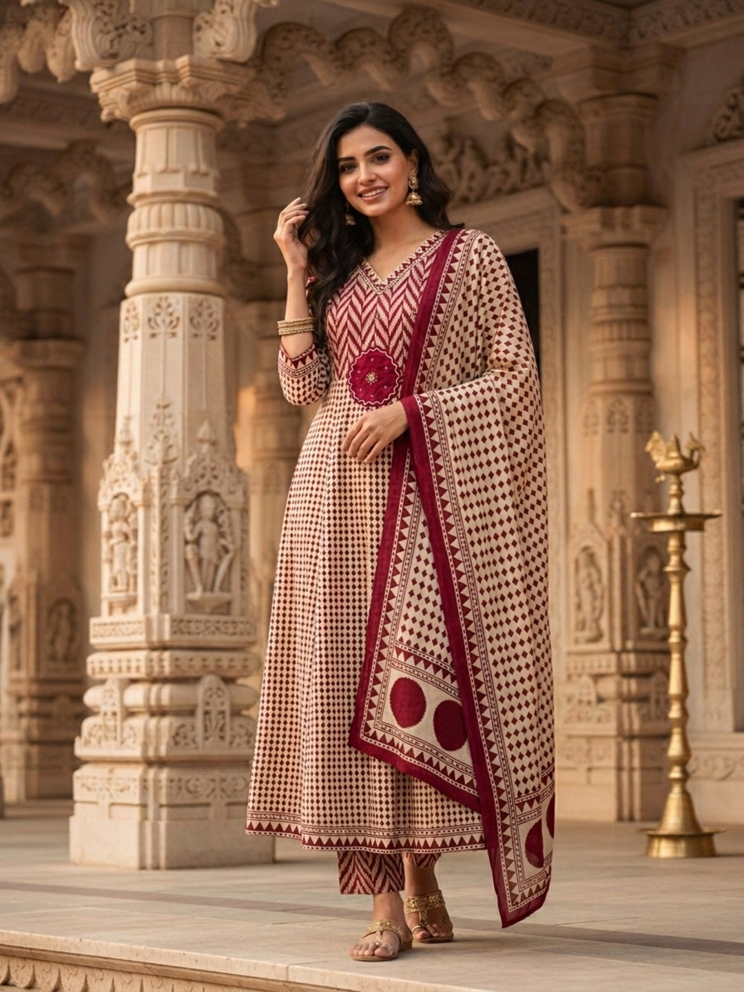 Ethnic Checks Printed Embroidered Anarkali with Pant and Dupatta - Burgundy