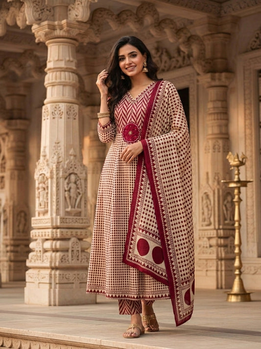 Ethnic Checks Printed Embroidered Anarkali with Pant and Dupatta - Burgundy