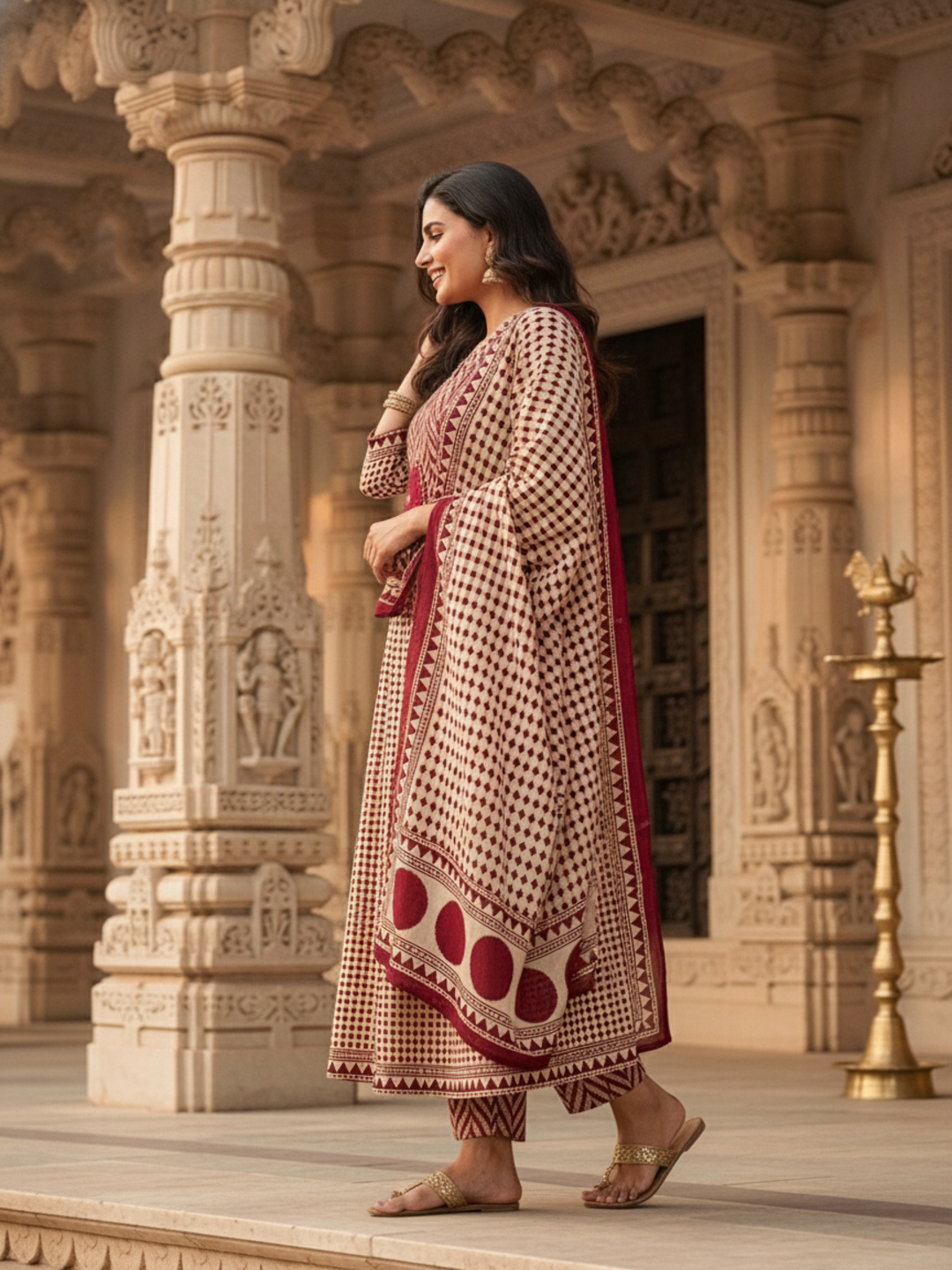 Ethnic Checks Printed Embroidered Anarkali with Pant and Dupatta - Burgundy