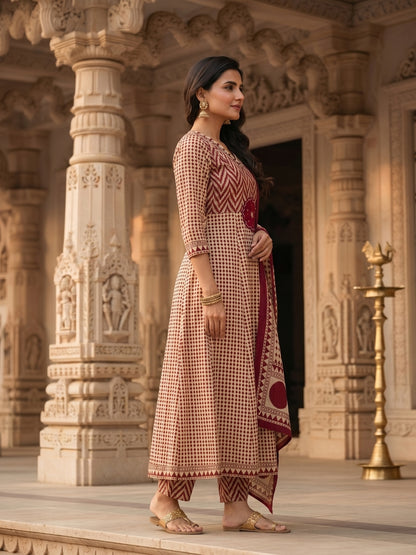 Ethnic Checks Printed Embroidered Anarkali with Pant and Dupatta - Burgundy