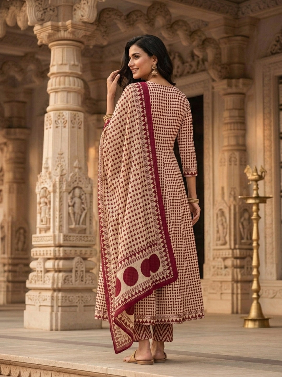 Ethnic Checks Printed Embroidered Anarkali with Pant and Dupatta - Burgundy