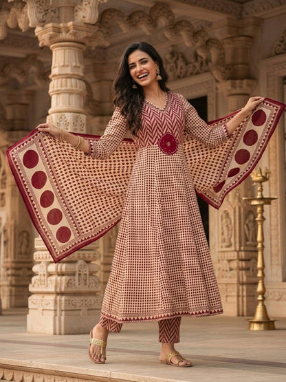 Ethnic Checks Printed Embroidered Anarkali with Pant and Dupatta - Burgundy