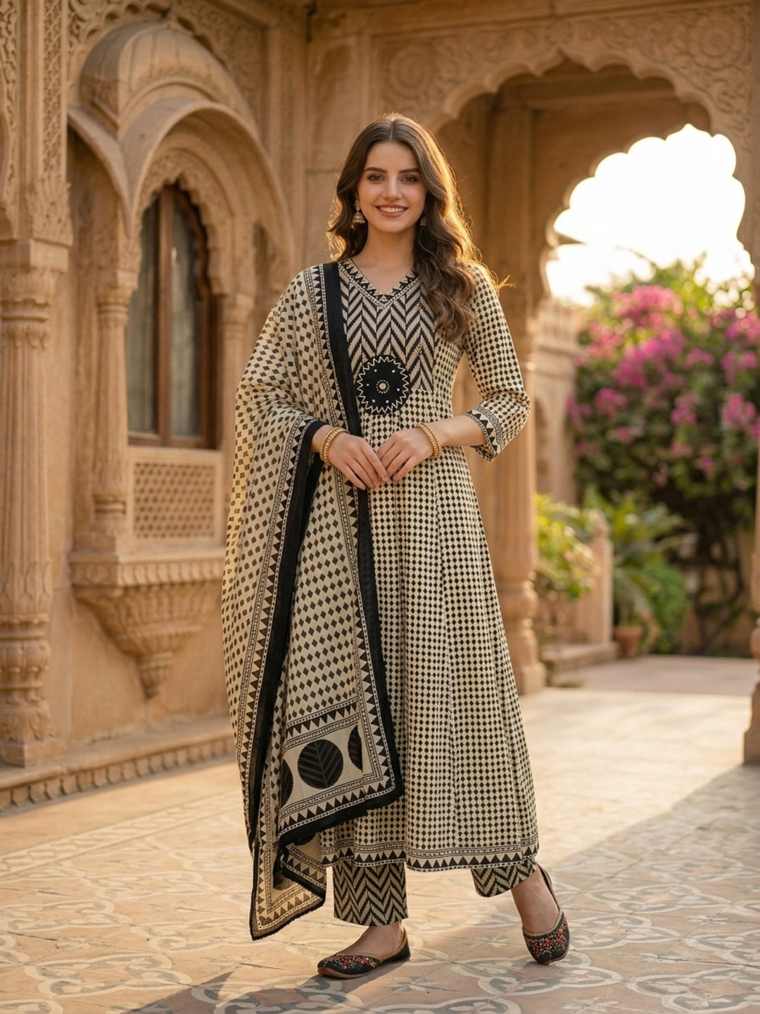 Ethnic Checks Printed Embroidered Anarkali with Pant and Dupatta - Black