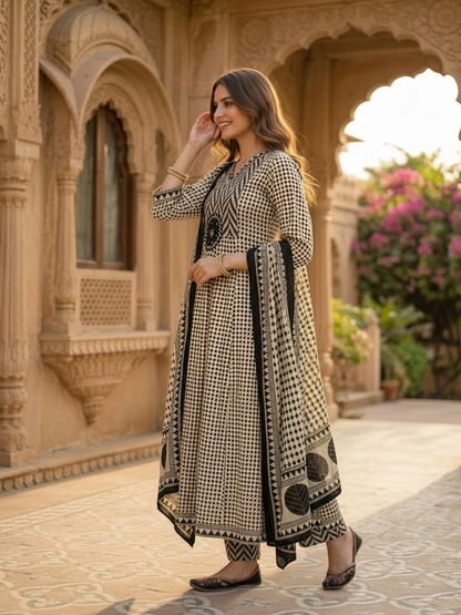 Ethnic Checks Printed Embroidered Anarkali with Pant and Dupatta - Black