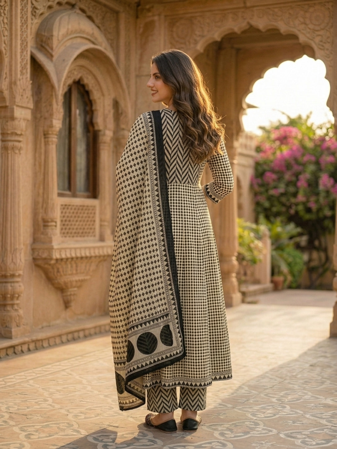 Ethnic Checks Printed Embroidered Anarkali with Pant and Dupatta - Black