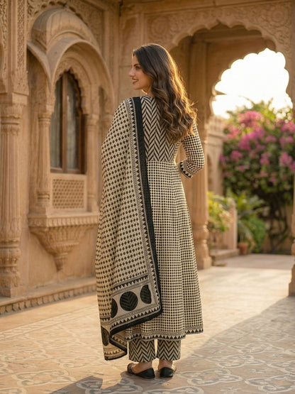Ethnic Checks Printed Embroidered Anarkali with Pant and Dupatta - Black