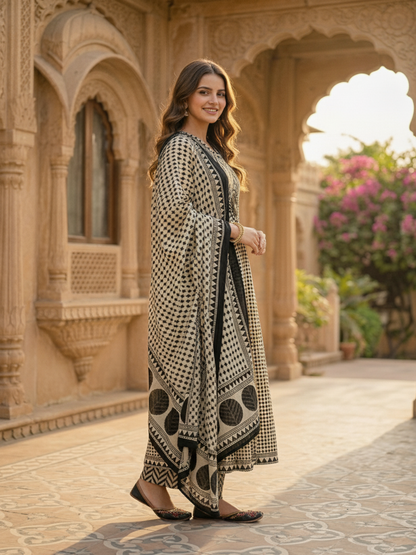 Ethnic Checks Printed Embroidered Anarkali with Pant and Dupatta - Black