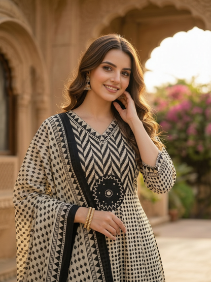 Ethnic Checks Printed Embroidered Anarkali with Pant and Dupatta - Black