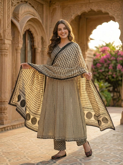 Ethnic Checks Printed Embroidered Anarkali with Pant and Dupatta - Black