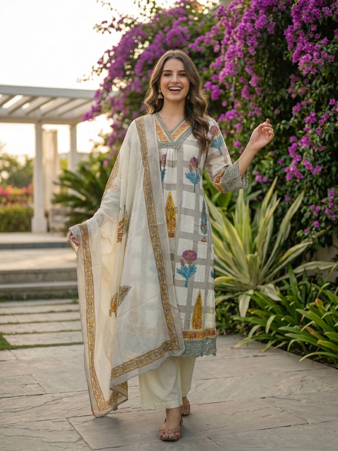 Checks & Block Printed A-Line Kurta with Palazzo & Dupatta - Grey