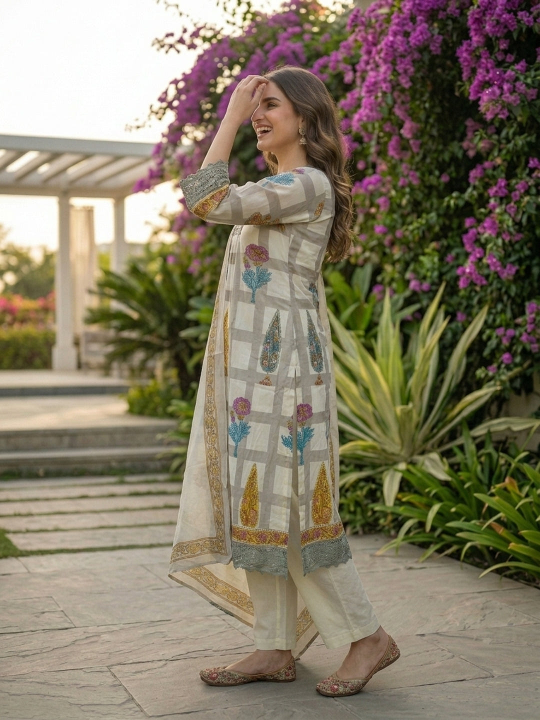 Checks & Block Printed A-Line Kurta with Palazzo & Dupatta - Grey