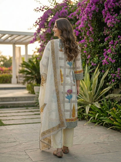 Checks & Block Printed A-Line Kurta with Palazzo & Dupatta - Grey