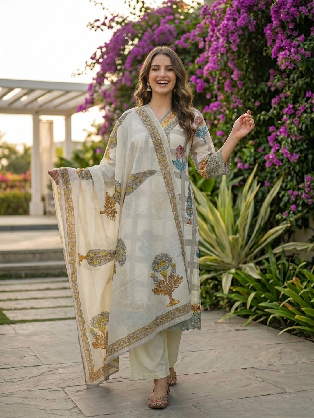 Checks & Block Printed A-Line Kurta with Palazzo & Dupatta - Grey