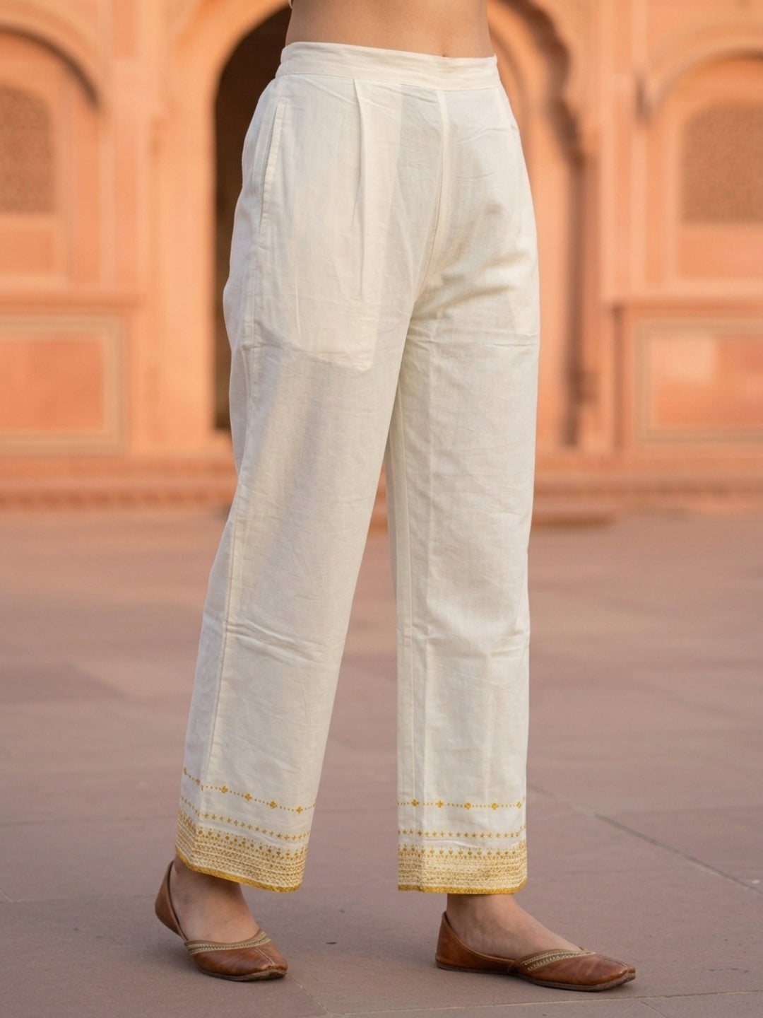 Solid Ethnic Embroidered Straight Fit Co-ord Set - Cream