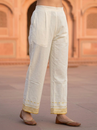 Solid Ethnic Embroidered Straight Fit Co-ord Set - Cream