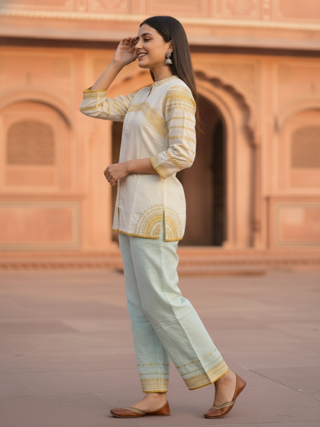 Solid Ethnic Embroidered Straight Fit Co-ord Set - Cream