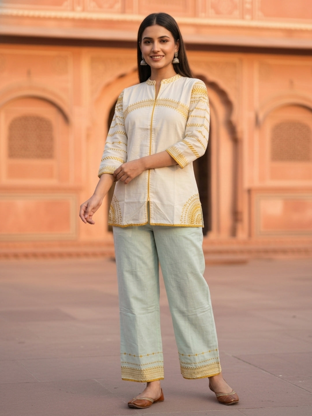 Solid Ethnic Embroidered Straight Fit Co-ord Set - Cream