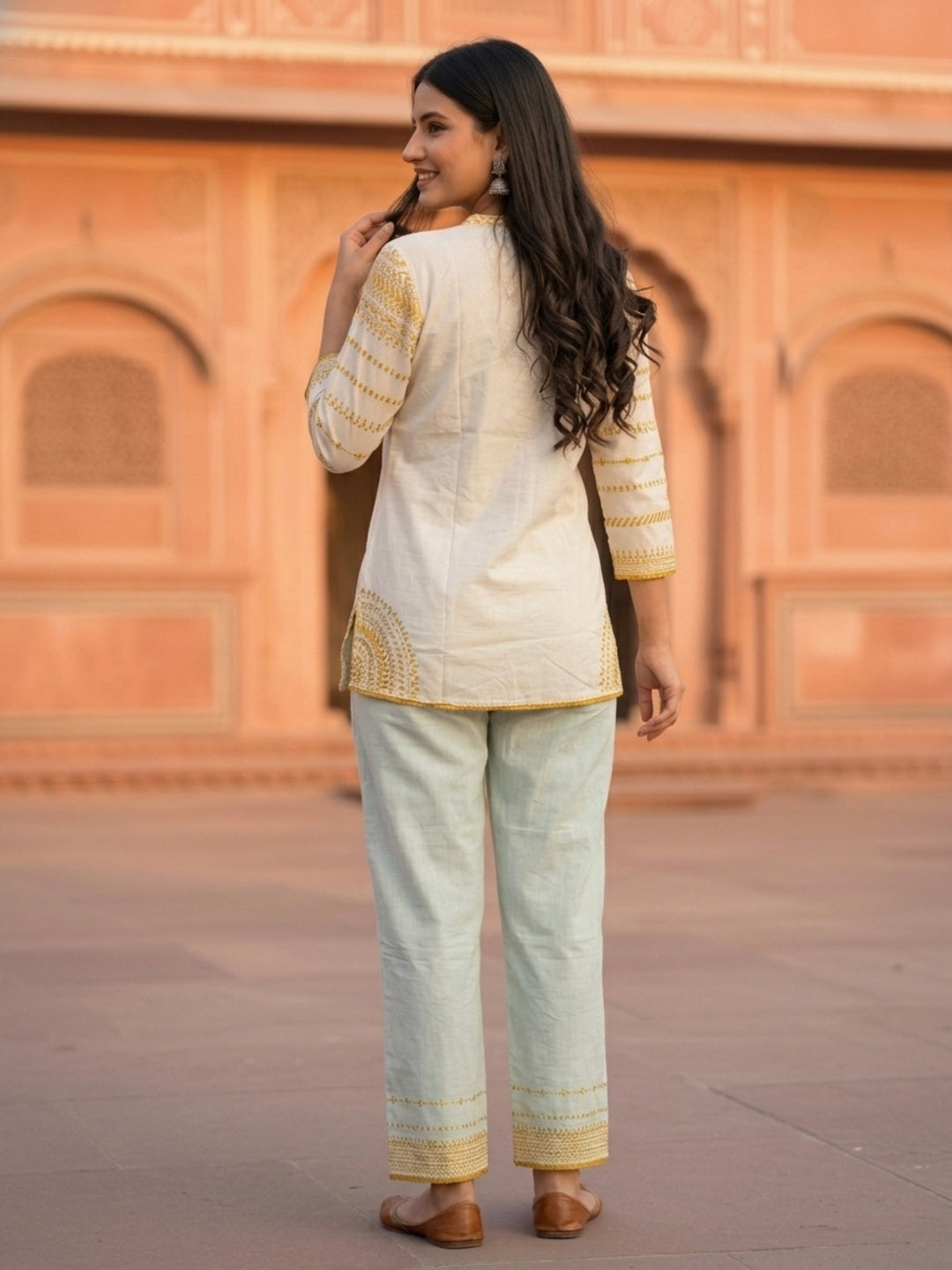 Solid Ethnic Embroidered Straight Fit Co-ord Set - Cream
