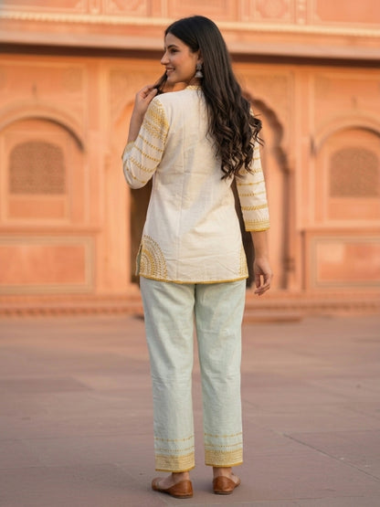 Solid Ethnic Embroidered Straight Fit Co-ord Set - Cream
