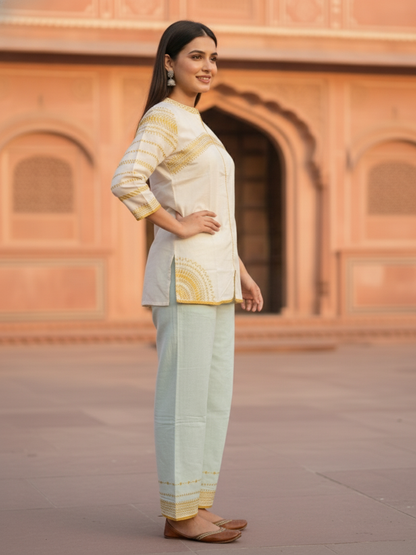 Solid Ethnic Embroidered Straight Fit Co-ord Set - Cream