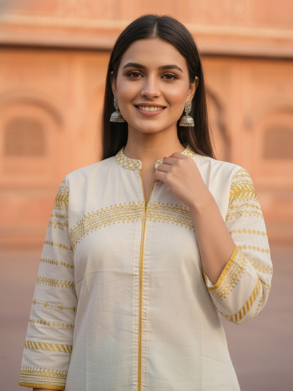 Solid Ethnic Embroidered Straight Fit Co-ord Set - Cream