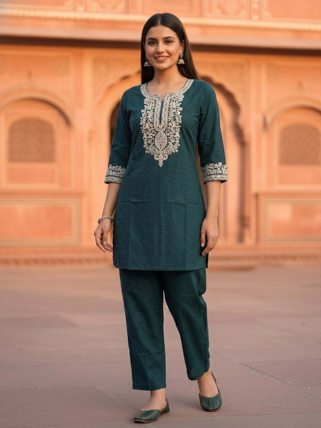 Green Floral Dori Embroidered Straight Fit Co-ord Set
