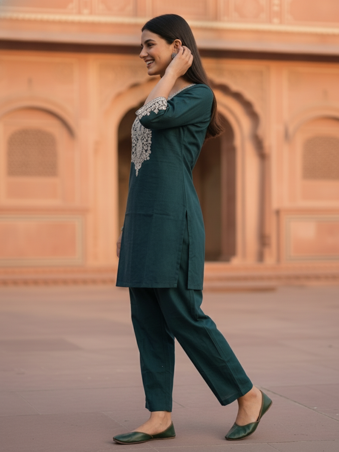 Green Floral Dori Embroidered Straight Fit Co-ord Set