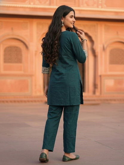 Green Floral Dori Embroidered Straight Fit Co-ord Set