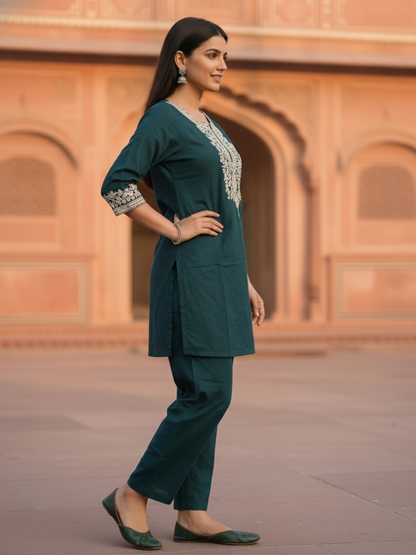 Green Floral Dori Embroidered Straight Fit Co-ord Set