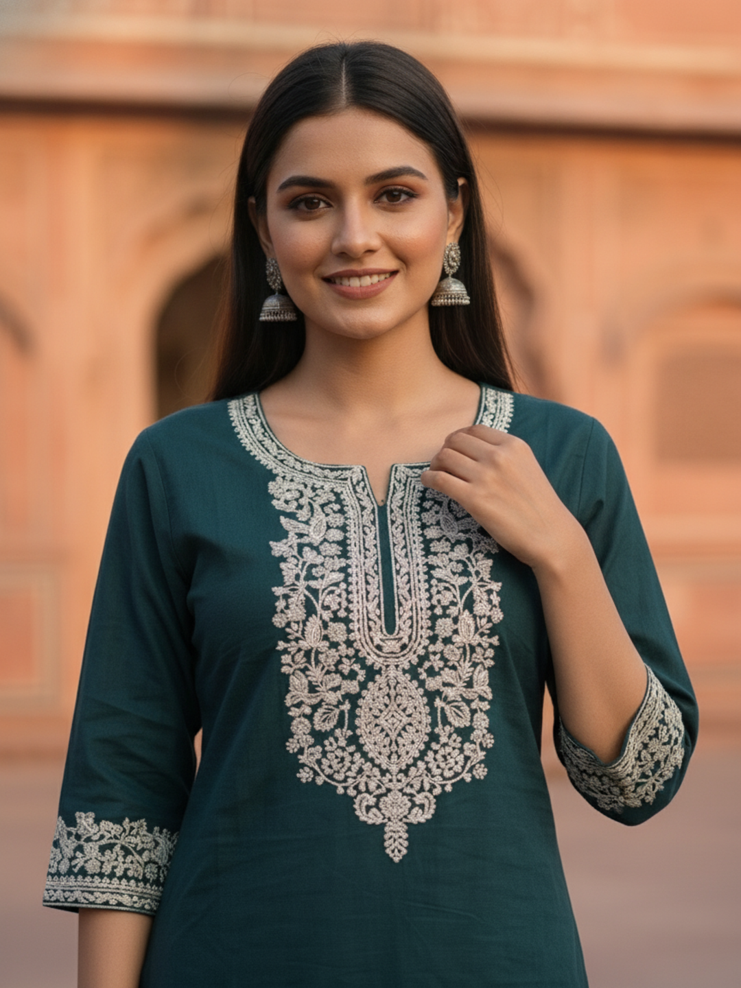 Green Floral Dori Embroidered Straight Fit Co-ord Set