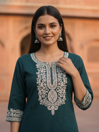 Green Floral Dori Embroidered Straight Fit Co-ord Set