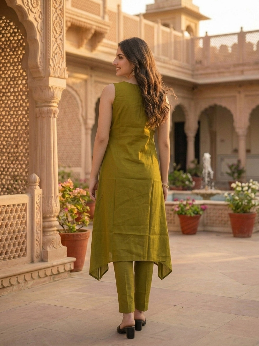 Lime Green Solid Floral Embroidered Layered A-Line Kurta with Pant