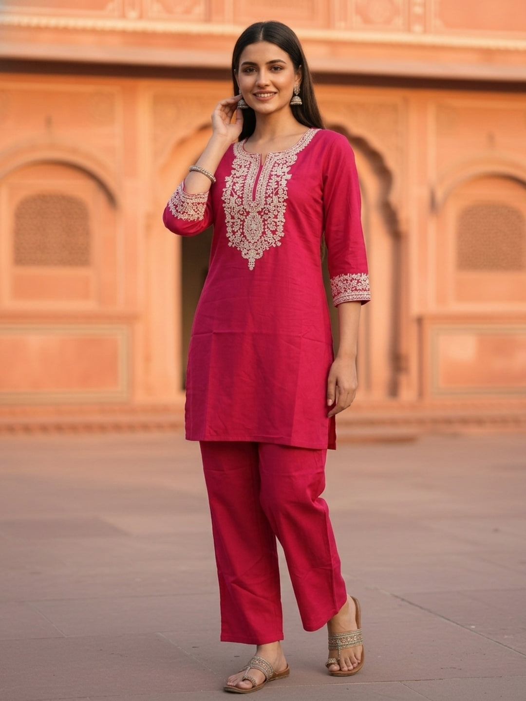 Floral Dori Embroidered Straight Fit Co-ord Set - Fuchsia