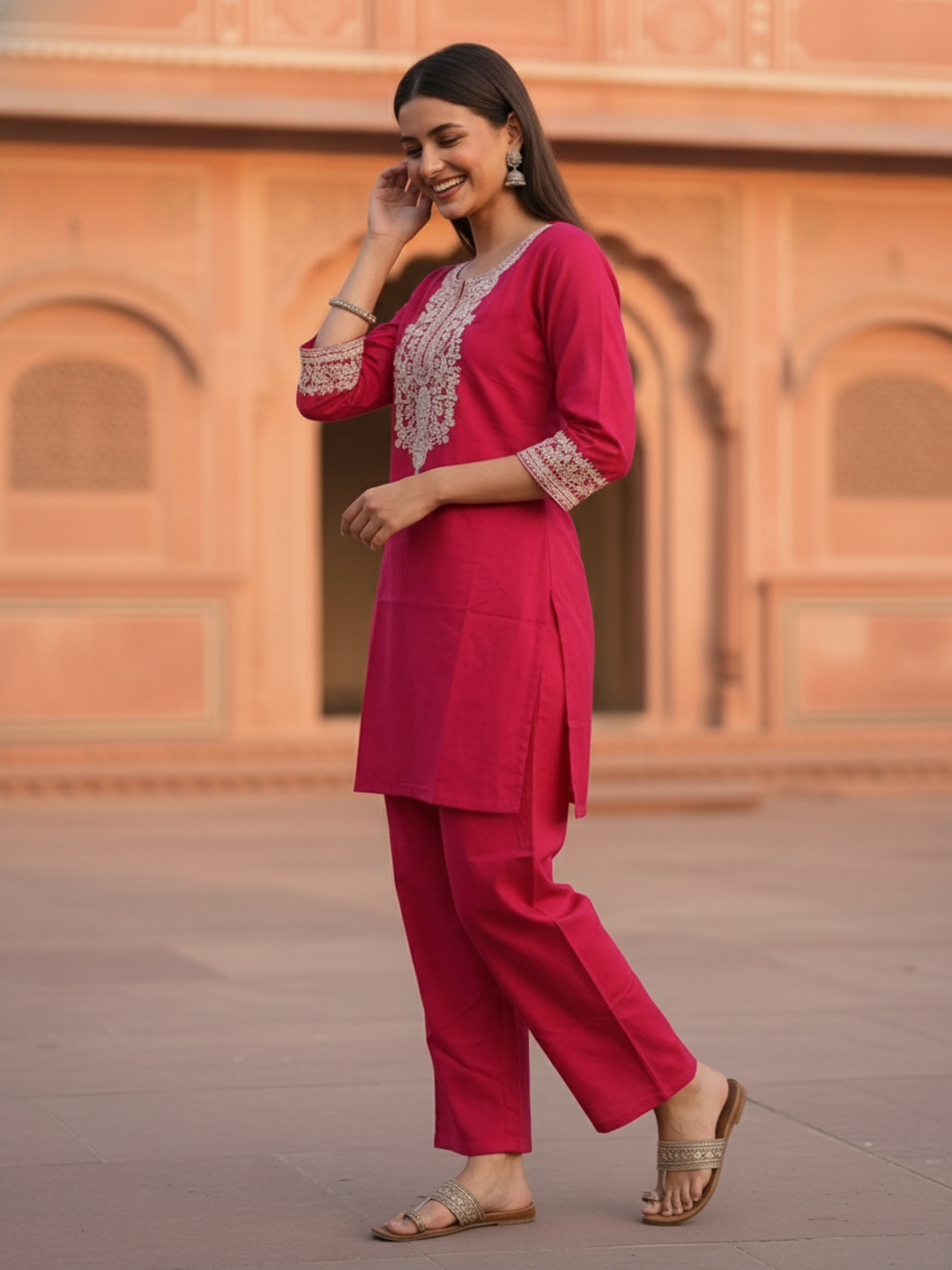 Floral Dori Embroidered Straight Fit Co-ord Set - Fuchsia