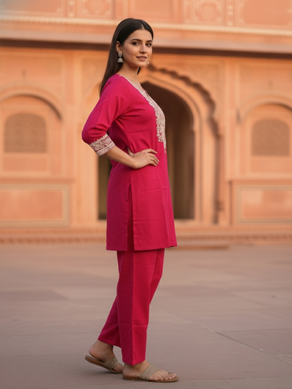 Floral Dori Embroidered Straight Fit Co-ord Set - Fuchsia