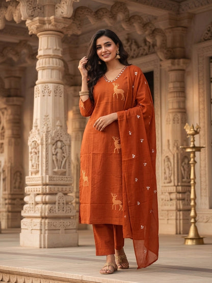 Deer & Stripes Printed A-Line Kurta with Palazzo and Dupatta - Rust