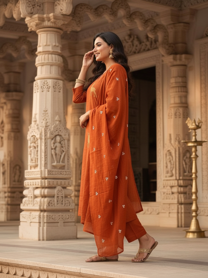 Deer & Stripes Printed A-Line Kurta with Palazzo and Dupatta - Rust