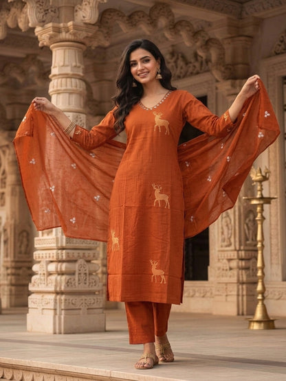 Deer & Stripes Printed A-Line Kurta with Palazzo and Dupatta - Rust
