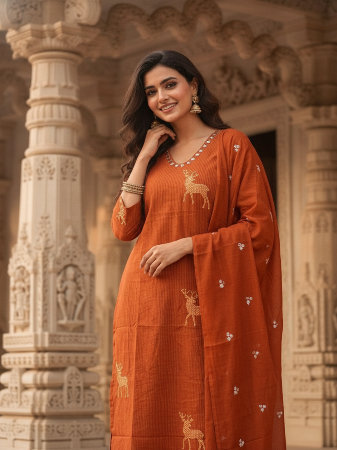 Deer & Stripes Printed A-Line Kurta with Palazzo and Dupatta - Rust