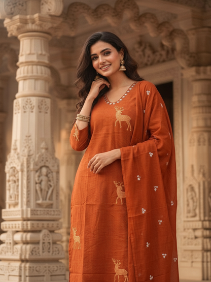 Deer & Stripes Printed A-Line Kurta with Palazzo and Dupatta - Rust
