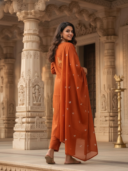 Deer & Stripes Printed A-Line Kurta with Palazzo and Dupatta - Rust