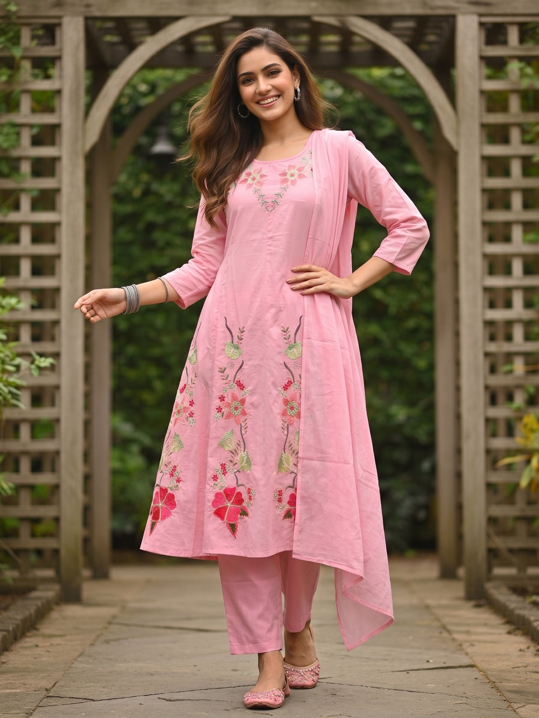 Solid Floral Embroidered Anarkali Kurta with Pant & Dupatta - Pink