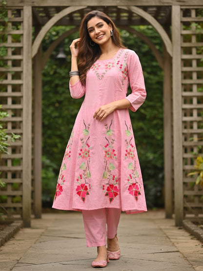 Solid Floral Embroidered Anarkali Kurta with Pant & Dupatta - Pink