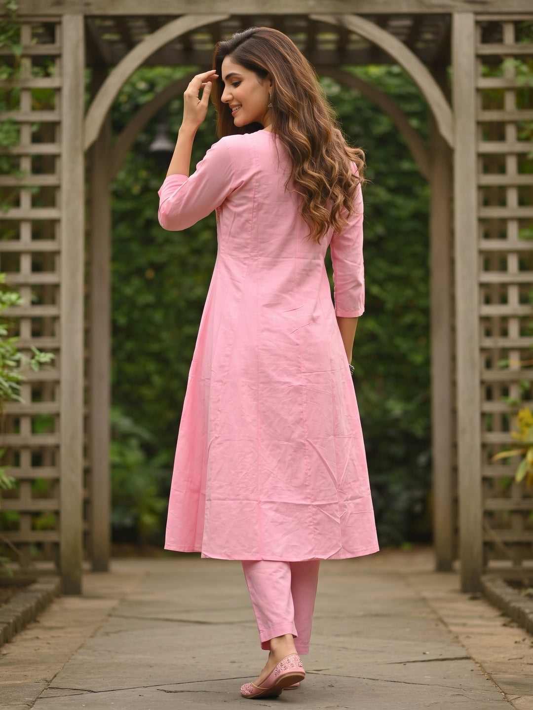 Solid Floral Embroidered Anarkali Kurta with Pant & Dupatta - Pink