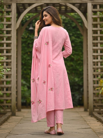 Solid Floral Embroidered Anarkali Kurta with Pant & Dupatta - Pink